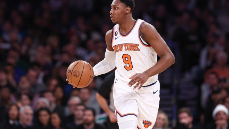 Jan 11, 2023; New York, New York, USA; New York Knicks guard RJ Barrett (9) dribbles up court during the fourth quarter against the Indiana Pacers at Madison Square Garden. Mandatory Credit: Vincent Carchietta-USA TODAY Sports