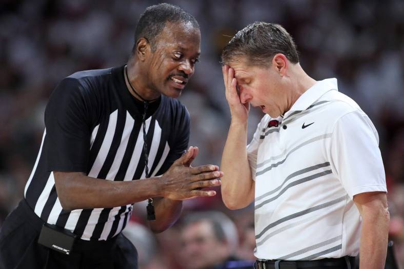 Jan 11, 2023; Fayetteville, Arkansas, USA; Arkansas Razorbacks head coach Eric Musselman reacts to an official during the second half against the Alabama Crimson Tide at Bud Walton Arena. Alabama won 84-69. Mandatory Credit: Nelson Chenault-USA TODAY Sports