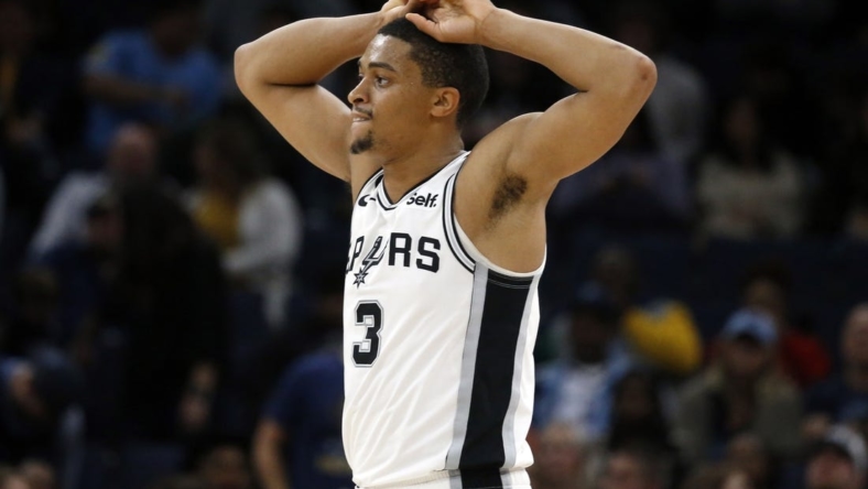 Jan 11, 2023; Memphis, Tennessee, USA; San Antonio Spurs forward Keldon Johnson (3) reacts after a foul call during the second half against the Memphis Grizzlies at FedExForum. Mandatory Credit: Petre Thomas-USA TODAY Sports