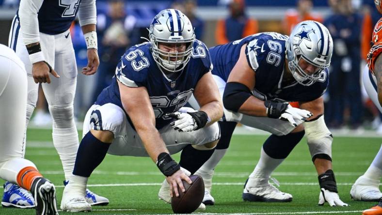 Oct 30, 2022; Arlington, Texas, USA; Dallas Cowboys center Tyler Biadasz (63) and guard Connor McGovern (66) in action during the game between the Dallas Cowboys and the Chicago Bears at AT&T Stadium. Mandatory Credit: Jerome Miron-USA TODAY Sports