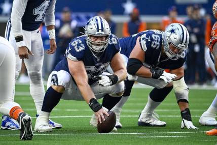 Oct 30, 2022; Arlington, Texas, USA; Dallas Cowboys center Tyler Biadasz (63) and guard Connor McGovern (66) in action during the game between the Dallas Cowboys and the Chicago Bears at AT&T Stadium. Mandatory Credit: Jerome Miron-USA TODAY Sports