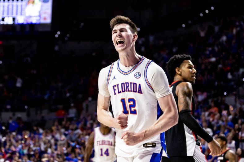 Jan 7, 2023; Gainesville, Florida, USA; Florida Gators forward Colin Castleton (12) during the second half against the Georgia Bulldogs at Exactech Arena at the Stephen C. O'Connell Center. Mandatory Credit: Matt Pendleton-USA TODAY Sports