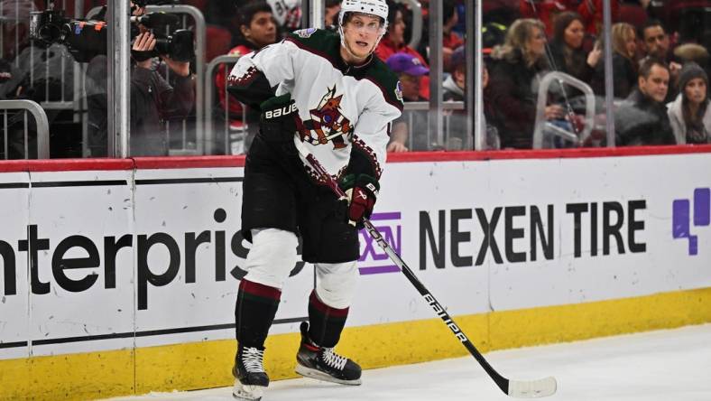 Jan 6, 2023; Chicago, Illinois, USA;   Arizona Coyotes defenseman Juuso Valimaki (4) skates against the Chicago Blackhawks at United Center. Mandatory Credit: Jamie Sabau-USA TODAY Sports