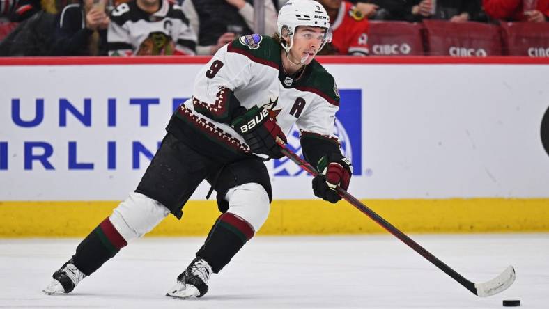 Jan 6, 2023; Chicago, Illinois, USA;   Arizona Coyotes forward Clayton Keller (9) skates against the Chicago Blackhawks at United Center. Mandatory Credit: Jamie Sabau-USA TODAY Sports