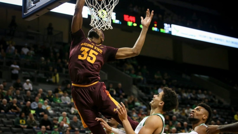 Arizona State guard Devan Cambridge dunks the ball during the first half as the Oregon Ducks host the Arizona State Sun Devils Thursday, Jan. 12, 2022, at Matthew Knight Arena in Eugene, Ore.

Ncaa Basketball Arizona State At Oregon Basketball Arizona State At Oregon
