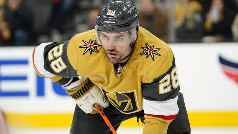 Jan 12, 2023; Las Vegas, Nevada, USA;  Vegas Golden Knights left wing William Carrier (28) during a face-off against the Florida Panthers during the first period at T-Mobile Arena. Mandatory Credit: Lucas Peltier-USA TODAY Sports