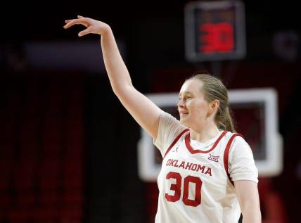 Oklahoma's Taylor Robertson (30) reacts after a 3-point basket in the first half during the college women's basketball game between Oklahoma State University Sooners (OU) and the Northwestern State at the Lloyd Noble Center in Norman, Okla. Wednesday, Nov., 30, 2022.

cover main