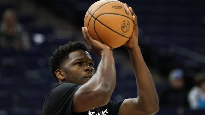 Jan 13, 2023; Minneapolis, Minnesota, USA; Minnesota Timberwolves guard Anthony Edwards (1) warms up before the game against the Phoenix Suns at Target Center. Mandatory Credit: Matt Krohn-USA TODAY Sports