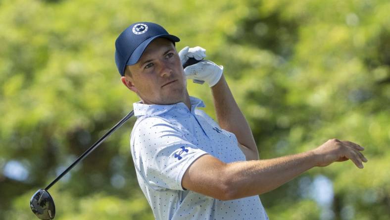 January 13, 2023; Honolulu, Hawaii, USA; Jordan Spieth hits his tee shot on the second hole during the second round of the Sony Open in Hawaii golf tournament at Waialae Country Club. Mandatory Credit: Kyle Terada-USA TODAY Sports