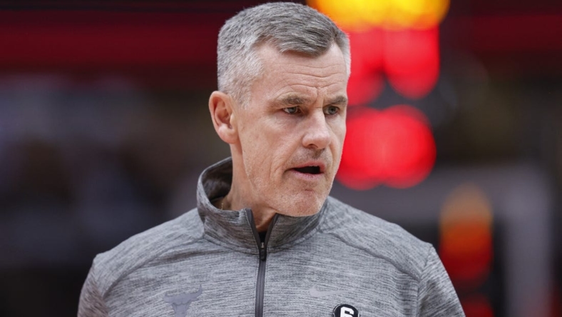 Jan 13, 2023; Chicago, Illinois, USA; Chicago Bulls head coach Billy Donovan reacts during the first half against the Oklahoma City Thunder at United Center. Mandatory Credit: Kamil Krzaczynski-USA TODAY Sports