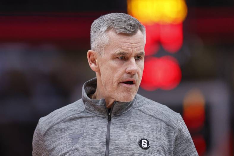 Jan 13, 2023; Chicago, Illinois, USA; Chicago Bulls head coach Billy Donovan reacts during the first half against the Oklahoma City Thunder at United Center. Mandatory Credit: Kamil Krzaczynski-USA TODAY Sports