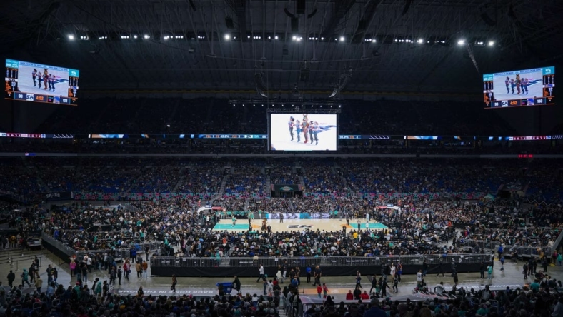 Jan 13, 2023; San Antonio, Texas, USA;  A view of the court during the game between the Golden State Warriors and the San Antonio Spurs at the Alamodome. Mandatory Credit: Daniel Dunn-USA TODAY Sports