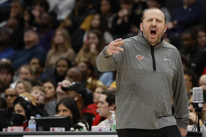 Jan 13, 2023; Washington, District of Columbia, USA; New York Knicks head coach Tom Thibodeau yells from the bench against the Washington Wizards in the third quarter at Capital One Arena. Mandatory Credit: Geoff Burke-USA TODAY Sports
