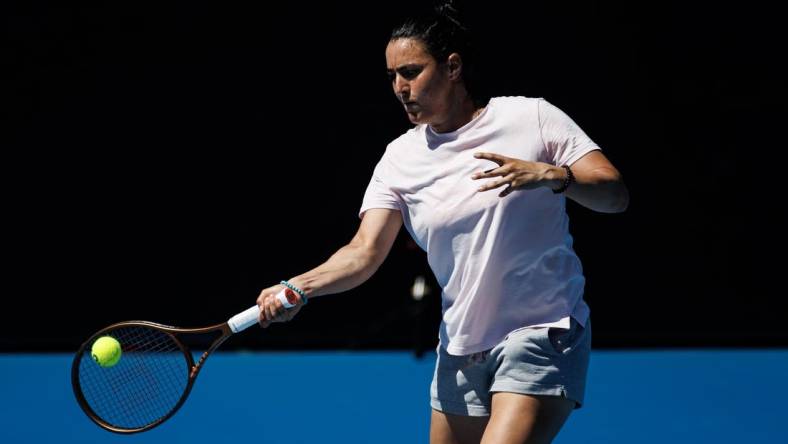 Jan 14, 2023; Melbourne, Victoria, Australia; Ons Jabeur of Tunisia hits a shot during a practice session at Kia Arena at Melbourne Park. Mandatory Credit: Mike Frey-USA TODAY Sports