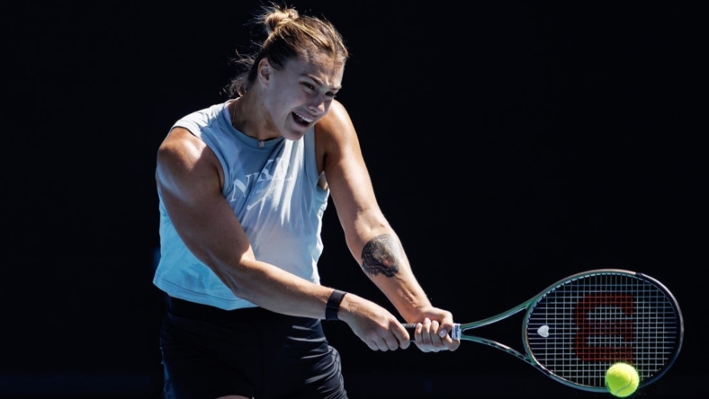 Jan 14, 2023; Melbourne, Victoria, Australia;  Aryna Sabalenka of Belarus hits a shot during a practice session at Kia Arena at Melbourne Park. Mandatory Credit: Mike Frey-USA TODAY Sports