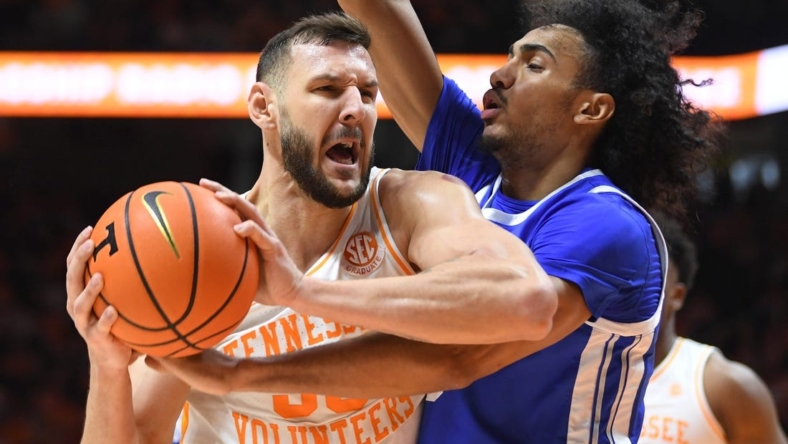 Tennessee forward Uros Plavsic (33) takes a shot during a game between the Tennessee Vols and the Kentucky Wildcats, in Thompson-Boling Arena, in Knoxville, Tenn., Saturday, Jan. 14, 2023.

Volskentucky0114 0761