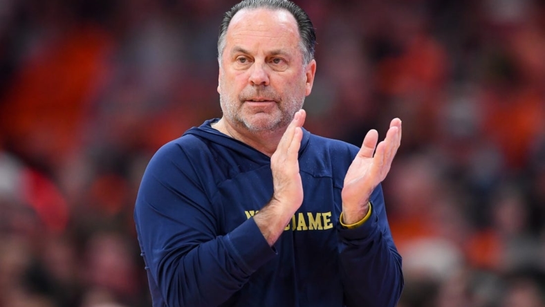 Jan 14, 2023; Syracuse, New York, USA; Notre Dame Fighting Irish head coach Mike Brey reacts to a play against the Syracuse Orange during the first half at the JMA Wireless Dome. Mandatory Credit: Rich Barnes-USA TODAY Sports