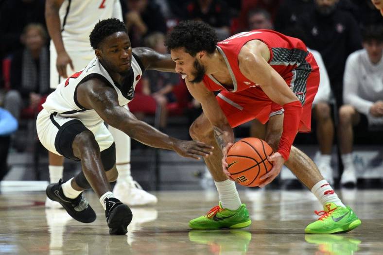 Jan 14, 2023; San Diego, California, USA; New Mexico Lobos guard Jaelen House (10) controls the ball while defended by San Diego State Aztecs guard Darrion Trammell (12) during the first half at Viejas Arena. Mandatory Credit: Orlando Ramirez-USA TODAY Sports