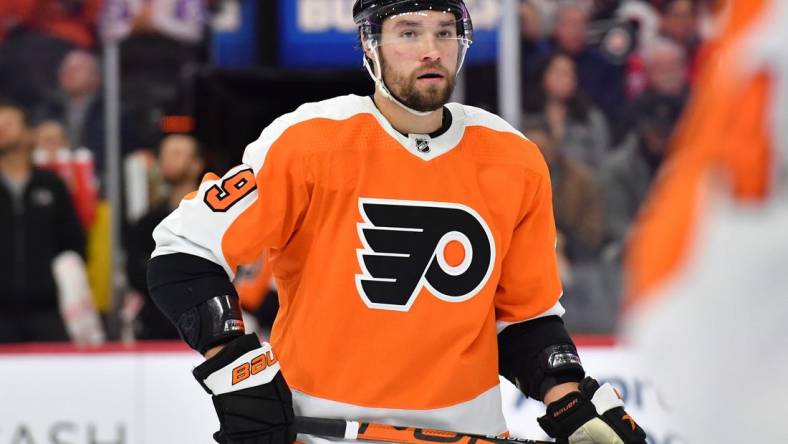 Jan 11, 2023; Philadelphia, Pennsylvania, USA; Philadelphia Flyers defenseman Ivan Provorov (9) against the Washington Capitals at Wells Fargo Center. Mandatory Credit: Eric Hartline-USA TODAY Sports