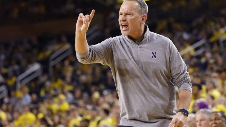 Jan 15, 2023; Ann Arbor, Michigan, USA;  Northwestern Wildcats head coach Chris Collins reacts during the first half against the Michigan Wolverines t Crisler Center. Mandatory Credit: Rick Osentoski-USA TODAY Sports