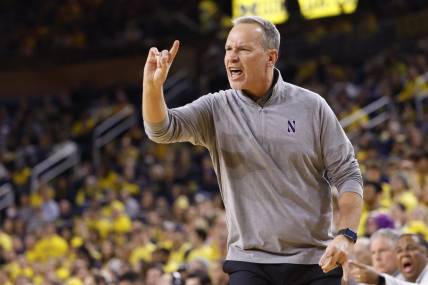 Jan 15, 2023; Ann Arbor, Michigan, USA;  Northwestern Wildcats head coach Chris Collins reacts during the first half against the Michigan Wolverines t Crisler Center. Mandatory Credit: Rick Osentoski-USA TODAY Sports