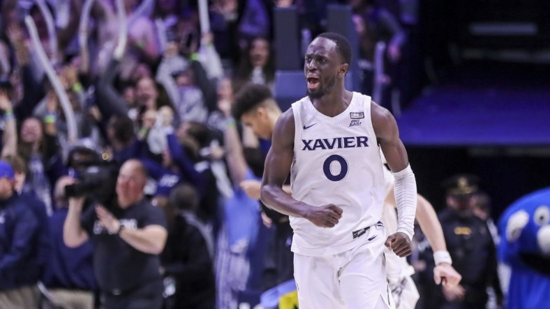 Jan 15, 2023; Cincinnati, Ohio, USA; Xavier Musketeers guard Souley Boum (0) reacts after the victory over the Marquette Golden Eagles at Cintas Center. Mandatory Credit: Katie Stratman-USA TODAY Sports
