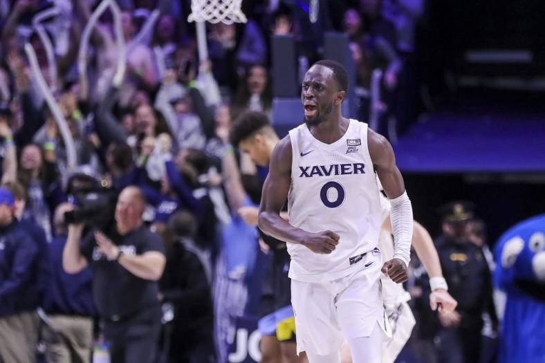 Jan 15, 2023; Cincinnati, Ohio, USA; Xavier Musketeers guard Souley Boum (0) reacts after the victory over the Marquette Golden Eagles at Cintas Center. Mandatory Credit: Katie Stratman-USA TODAY Sports