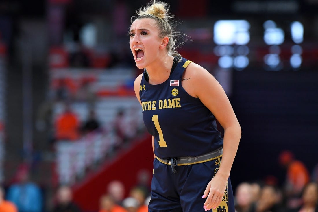 Jan 15, 2023; Syracuse, New York, USA; Notre Dame Fighting Irish guard Dara Mabrey (1) reacts to a play against the Syracuse Orange during the second half at the JMA Wireless Dome. Mandatory Credit: Rich Barnes-USA TODAY Sports