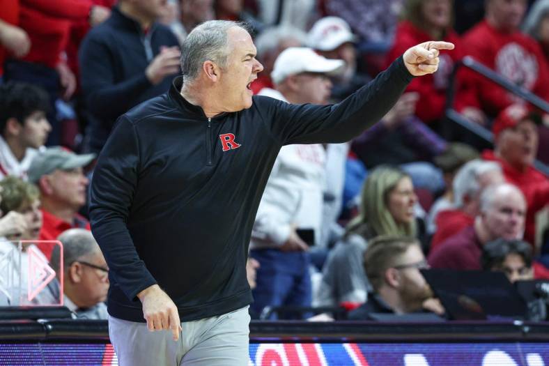 Jan 15, 2023; Piscataway, New Jersey, USA; Rutgers Scarlet Knights head coach Steve Pikiell reacts after a call during the second half against the Ohio State Buckeyes at Jersey Mike's Arena. Mandatory Credit: Vincent Carchietta-USA TODAY Sports