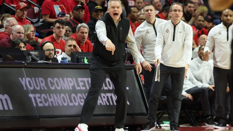 Jan 15, 2023; Piscataway, New Jersey, USA; Ohio State Buckeyes head coach Chris Holtmann reacts during the second half against the Rutgers Scarlet Knights at Jersey Mike's Arena. Mandatory Credit: Vincent Carchietta-USA TODAY Sports