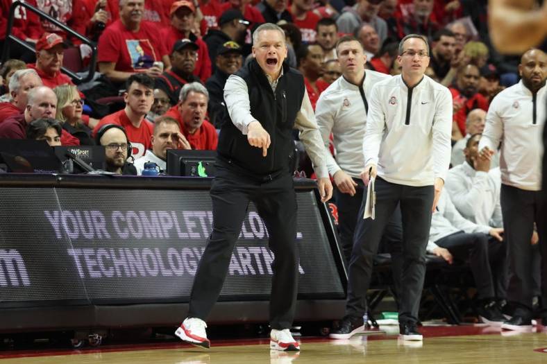 Jan 15, 2023; Piscataway, New Jersey, USA; Ohio State Buckeyes head coach Chris Holtmann reacts during the second half against the Rutgers Scarlet Knights at Jersey Mike's Arena. Mandatory Credit: Vincent Carchietta-USA TODAY Sports
