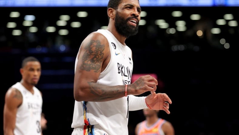 Jan 15, 2023; Brooklyn, New York, USA; Brooklyn Nets guard Kyrie Irving (11) reacts during the third quarter against the Oklahoma City Thunder at Barclays Center. Mandatory Credit: Brad Penner-USA TODAY Sports