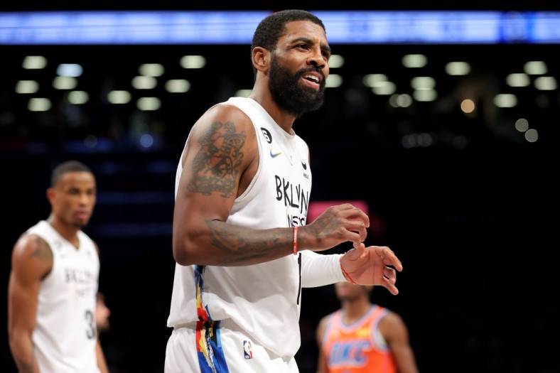 Jan 15, 2023; Brooklyn, New York, USA; Brooklyn Nets guard Kyrie Irving (11) reacts during the third quarter against the Oklahoma City Thunder at Barclays Center. Mandatory Credit: Brad Penner-USA TODAY Sports
