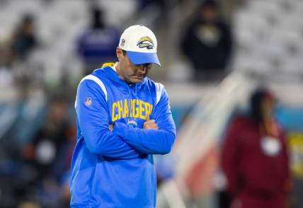 Jan 14, 2023; Jacksonville, Florida, USA; Los Angeles Chargers head coach Brandon Staley reacts against the Jacksonville Jaguars during a wild card playoff game at TIAA Bank Field. Mandatory Credit: Mark J. Rebilas-USA TODAY Sports