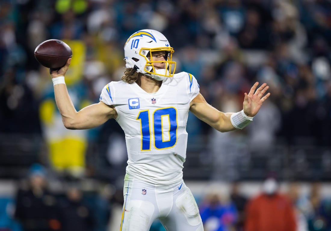 Jan 14, 2023; Jacksonville, Florida, USA; Los Angeles Chargers quarterback Justin Herbert (10) against the Jacksonville Jaguars during a wild card playoff game at TIAA Bank Field. Mandatory Credit: Mark J. Rebilas-USA TODAY Sports