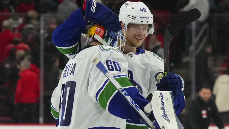 Jan 15, 2023; Raleigh, North Carolina, USA;  Vancouver Canucks goaltender Collin Delia (60) celebrates their victory with center Elias Pettersson (40) in the shootout against the Carolina Hurricanes at PNC Arena. Mandatory Credit: James Guillory-USA TODAY Sports