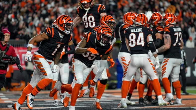 The Cincinnati Bengals celebrate a touchdown by wide receiver Ja'Marr Chase (1) in the second quarter during an NFL wild-card playoff football game between the Baltimore Ravens and the Cincinnati Bengals, Sunday, Jan. 15, 2023, at Paycor Stadium in Cincinnati.The Ravens led 10-9 at halftime.

Baltimore Ravens At Cincinnati Bengals Afc Wild Card Jan 15 105