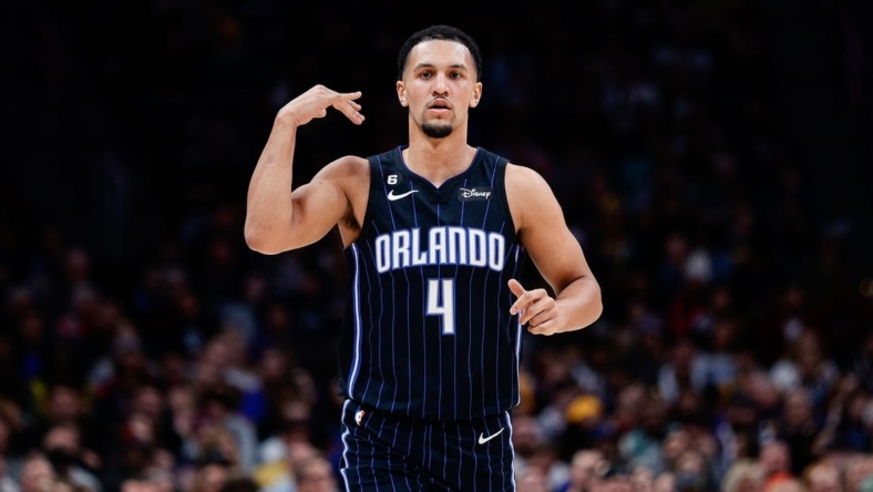 Jan 15, 2023; Denver, Colorado, USA; Orlando Magic guard Jalen Suggs (4) gestures in the third quarter against the Denver Nuggets at Ball Arena. Mandatory Credit: Isaiah J. Downing-USA TODAY Sports