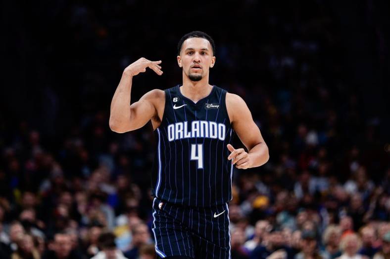 Jan 15, 2023; Denver, Colorado, USA; Orlando Magic guard Jalen Suggs (4) gestures in the third quarter against the Denver Nuggets at Ball Arena. Mandatory Credit: Isaiah J. Downing-USA TODAY Sports