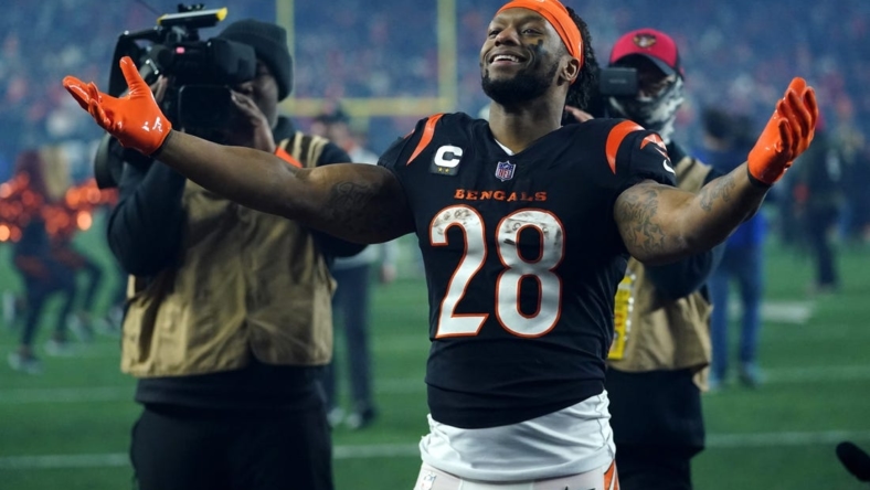 Cincinnati Bengals running back Joe Mixon (28) celebrates the win at the conclusion of an NFL wild-card playoff football game between the Baltimore Ravens and the Cincinnati Bengals, Sunday, Jan. 15, 2023, at Paycor Stadium in Cincinnati. The Cincinnati Bengals won, 24-17. The Cincinnati Bengals advance with the win to play the Buffalo Bills in the divisional round.

Baltimore Ravens At Cincinnati Bengals Afc Wild Card Jan 15 0589