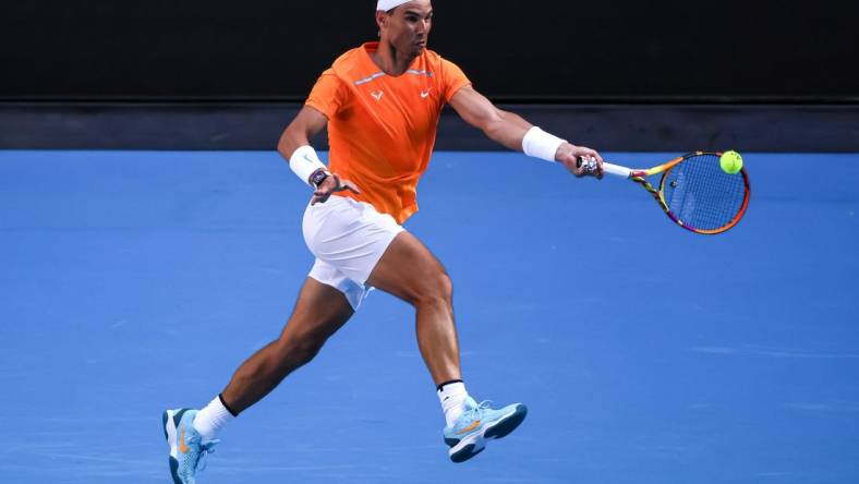 Jan 16, 2023; Melbourne, VICTORIA, Australia; Rafael Nadal on day one of the 2023 Australian Open tennis tournament at Melbourne Park. Mandatory Credit: Mike Frey-USA TODAY Sports