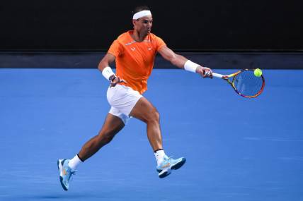 Jan 16, 2023; Melbourne, VICTORIA, Australia; Rafael Nadal on day one of the 2023 Australian Open tennis tournament at Melbourne Park. Mandatory Credit: Mike Frey-USA TODAY Sports