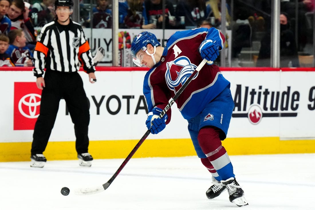 Jan 16, 2023; Denver, Colorado, USA; Colorado Avalanche defenseman Cale Makar (8) shoots the puck in the second period against the Detroit Red Wings at Ball Arena. Mandatory Credit: Ron Chenoy-USA TODAY Sports