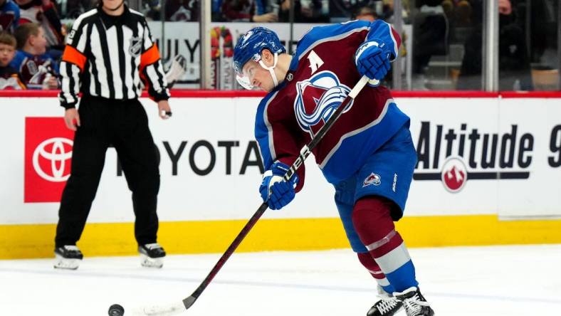 Jan 16, 2023; Denver, Colorado, USA; Colorado Avalanche defenseman Cale Makar (8) shoots the puck in the second period against the Detroit Red Wings at Ball Arena. Mandatory Credit: Ron Chenoy-USA TODAY Sports