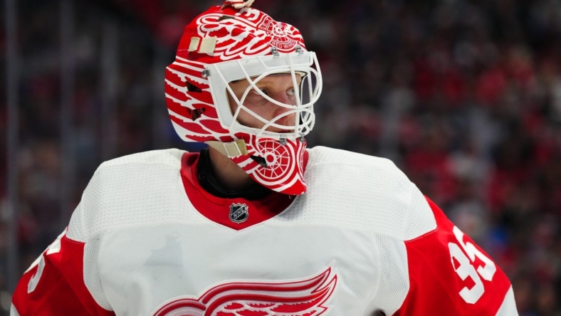 Jan 16, 2023; Denver, Colorado, USA; Detroit Red Wings goaltender Ville Husso (35) reacts in the second period against the Detroit Red Wings  at Ball Arena. Mandatory Credit: Ron Chenoy-USA TODAY Sports