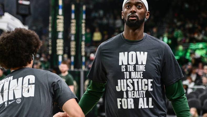 Jan 16, 2023; Milwaukee, Wisconsin, USA; Milwaukee Bucks forward Bobby Portis (9) warms up before the game against Indiana Pacers at Fiserv Forum. Mandatory Credit: Benny Sieu-USA TODAY Sports