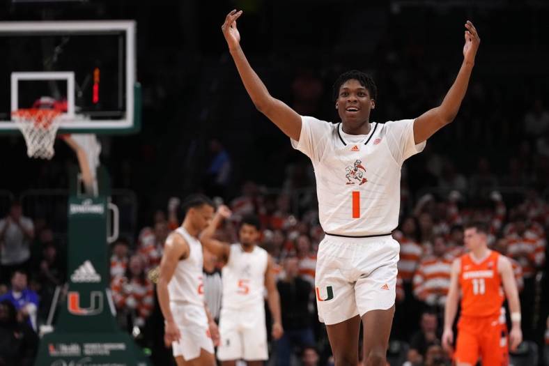 Jan 16, 2023; Coral Gables, Florida, USA; Miami Hurricanes forward Anthony Walker (1) reacts to the fans in attendance during the second half against the Syracuse Orange at Watsco Center. Mandatory Credit: Jasen Vinlove-USA TODAY Sports