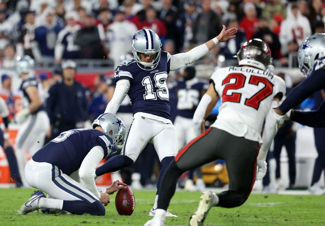 Jan 16, 2023; Tampa, Florida, USA; Dallas Cowboys place kicker Brett Maher (19) misses a point after touchdown kick in the first half during the wild card game at Raymond James Stadium. Mandatory Credit: Kim Klement-USA TODAY Sports