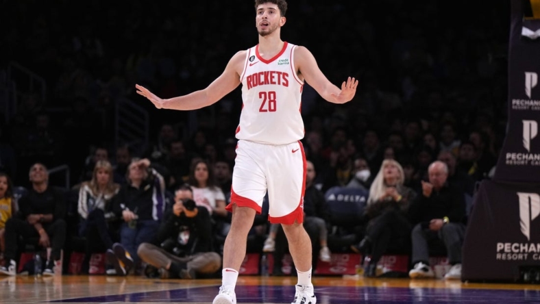 Jan 16, 2023; Los Angeles, California, USA; Houston Rockets center Alperen Sengun (28) reacts after a three-point basket against the Los Angeles Lakers in the first half at Crypto.com Arena. Mandatory Credit: Kirby Lee-USA TODAY Sports