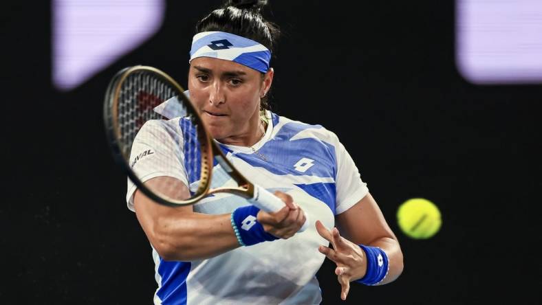 Jan 17, 2023; Melbourne, VICTORIA, Australia; Ons Jabeur on day two during the 2023 Australian Open tennis tournament at Melbourne Park. Mandatory Credit: Mike Frey-USA TODAY Sports